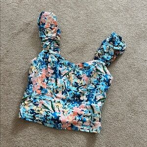 Abercrombie Floral Blue and Pink Ruffle Sleeve Women's Top